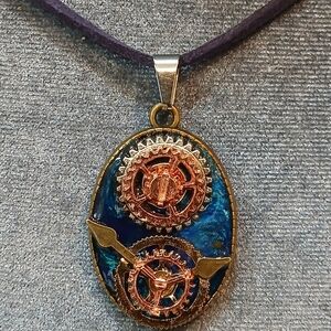 Handmade Blue Steampunk Gear Pendant Necklace